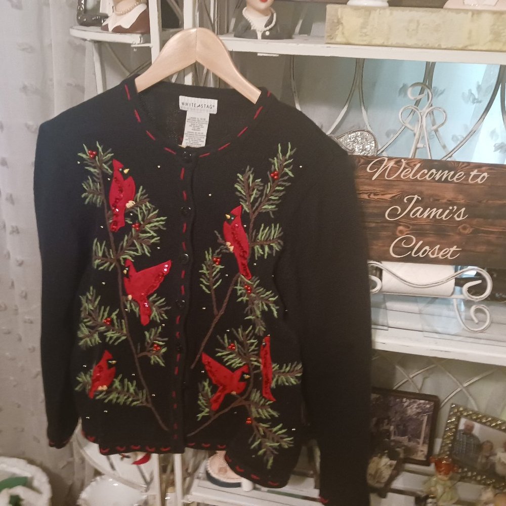 Whittall & Shon Black Cardigan Sweater with Red Cardinal Embroidery